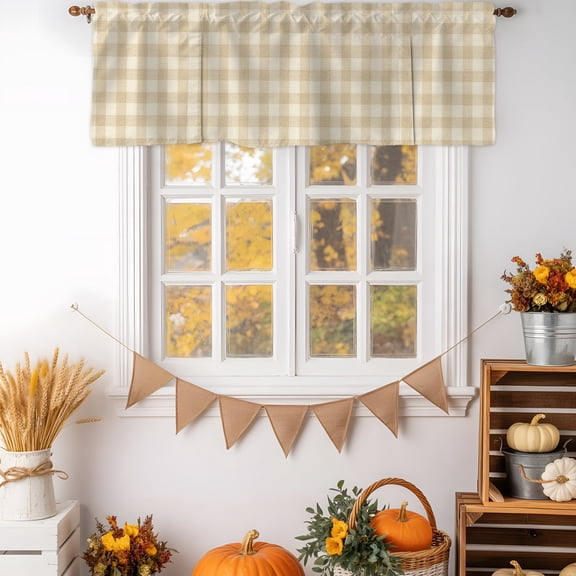 Tie Up Valance Curtain for Kitchen,Farm Beige Buffalo Checker Rod Pocket Short Curtains Adjustable Shade Valances,Rustic Stripe Plaid Gingham Window Treatment for Bathroom Living Room,54x18in