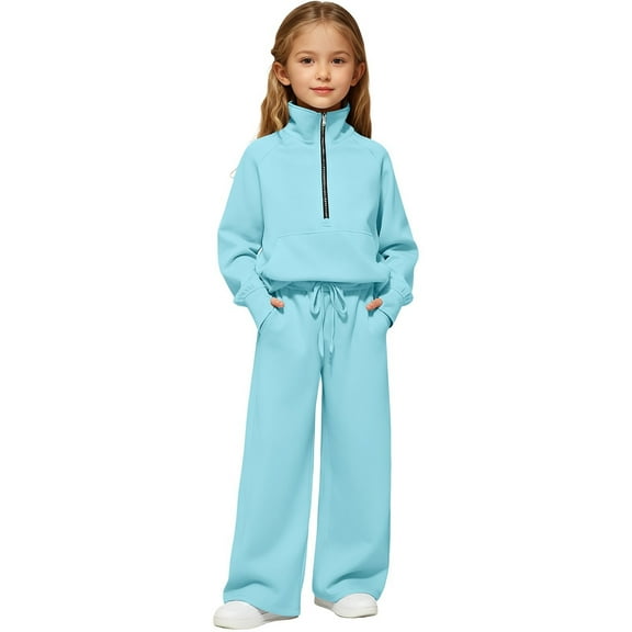KAUOD Kids Girls 2 Piece Sweatpants Set Half Zipper Pullover Sweatshirts Baggy Wide Leg Joggers Pants Outfits for Toddler