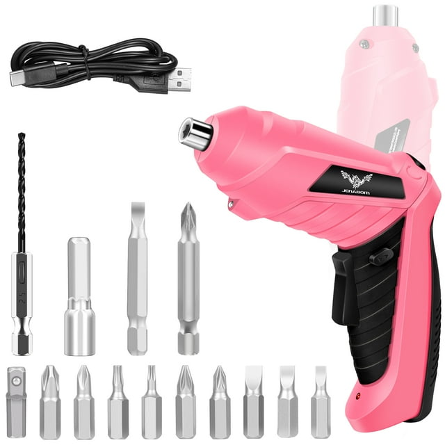 JENABOM Destornillador Eléctrico Inalámbrico 3.6V Recargable Pequeño Power Set de Taladro 3.0Nm Torque Máximo Giratorio con Luz LED para Herramienta de Bricolaje en Casa Rosa-14 Pzas