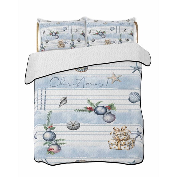 Quilt King Size Bedding Set, Christmas Reversible Summer Quilt 3 Pieces, Xmas Pine Cones Starfish Conch Gifts Light Blue Lightweight Bedspreads Coverlets with 2 Pillow Shams for All Seasons