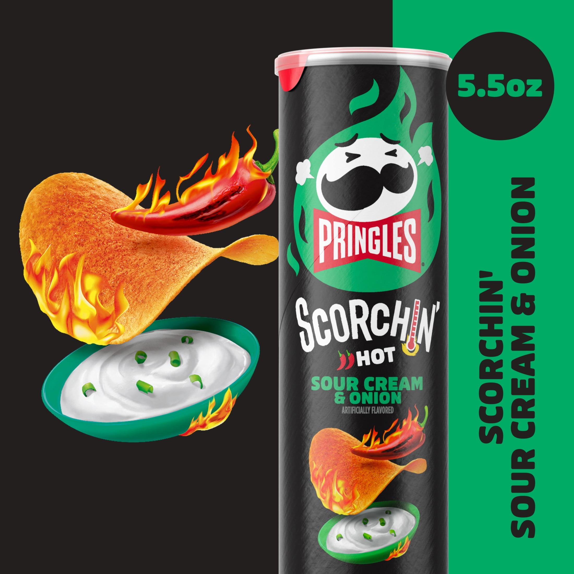 Pringles Scorchin' Sour Cream and Onion Potato Crisps Chips, Spicy Snacks, 5.5 oz
