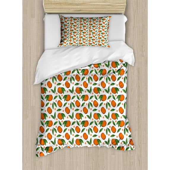 Tangerine Duvet Cover Set Twin Size, Cute Pattern of Mandarin Fruit with Leaves and Polka Dots, Decorative 2 Piece Bedding Set with 1 Pillow Sham, Fern Green Burnt Orange and White, by Ambesonne