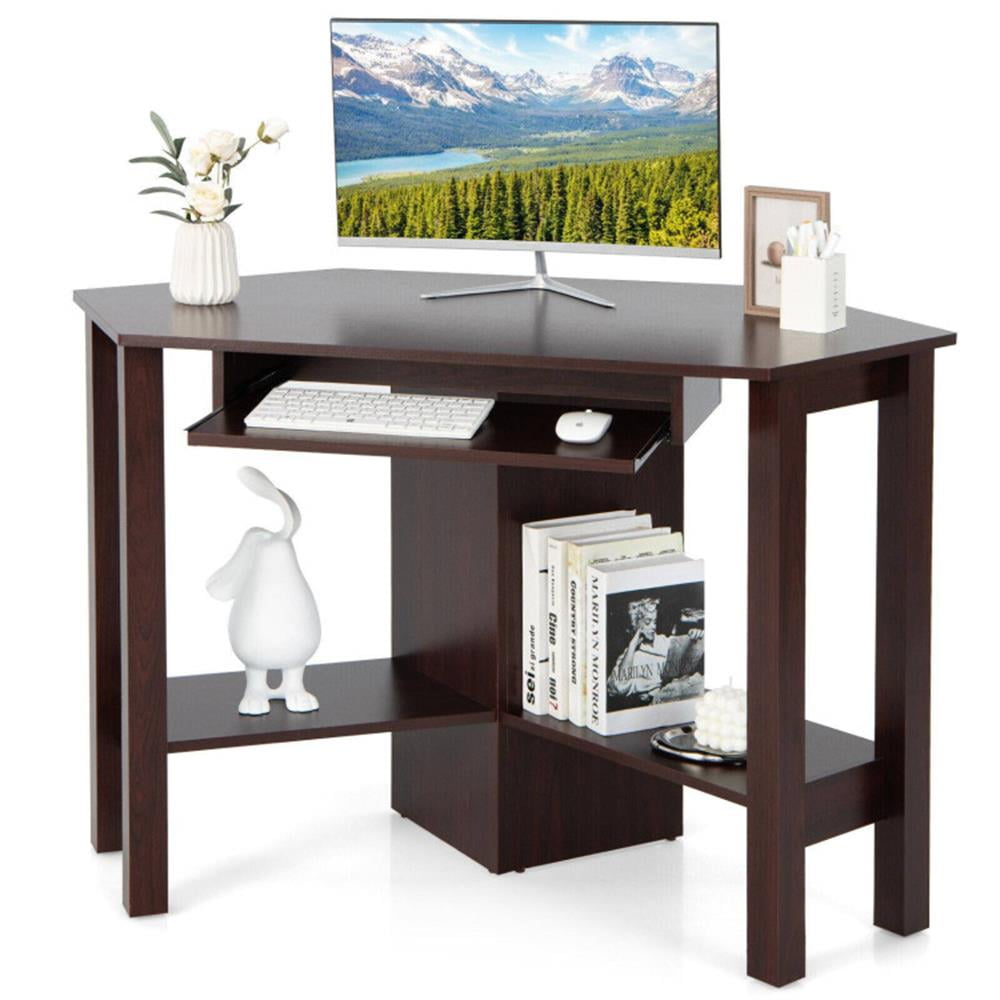 Demi Bonn Wooden Computer Corner Desk with Drawer for Home Office Sturdy Writing Workstation, Brown
