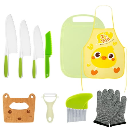 

Kids Kitchen Cutter Set Wooden Toddler Safety Cutters Reusable Plastic Cutters Set with Wood Safe Cutter Serrated Edges Plastic Cutters Cutting Board Peeler Crinkle Cutter