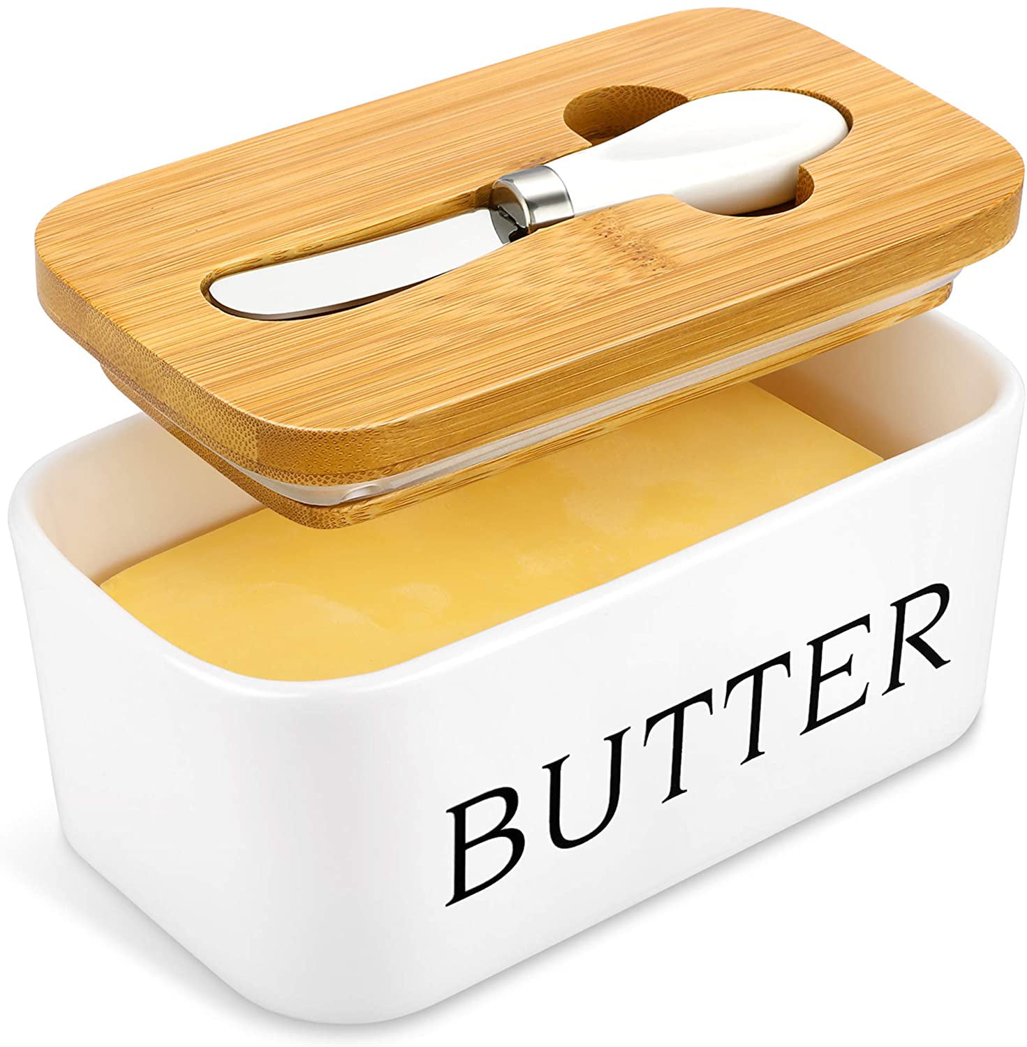 White Large Ceramic Butter Container Keeper with Wooden Lid and Butter Knife Cow Pattern 17oz/500ml X-Chef Butter Dish with Lid Hold 2 Standard Butter Sticks
