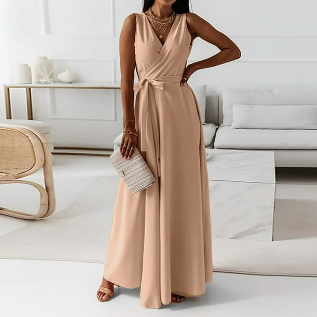 FcBaudy Robe Sans Manches à Col en V à la Cheville, Robes pour Femmes, Robes d'Été Mode Femmes Été Décontracté Solide Col en V Sans Manches Robe Longue Robe Femmes