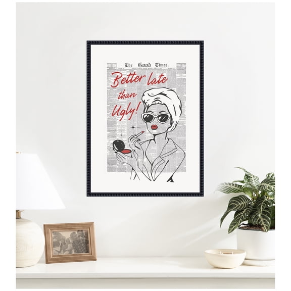 Kate and Laurel Framed Canvas Wall Art Print Better Late Than Ugly Newspapers by Honey Island Studio, 18 x 24 Sylvie Beaded Black Frame, Vintage, Entertainment Art for Wall Decor