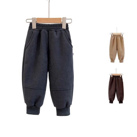 Rggeeun Boys Child Pants Tapered Hem Solid Color Elastic Waist Loose Fit Wide Leg Thermal Thickened Side Pockets Ankle Length Autumn Winter Outdoor Wear Relaxed Trousers,Gray,4-5 Years