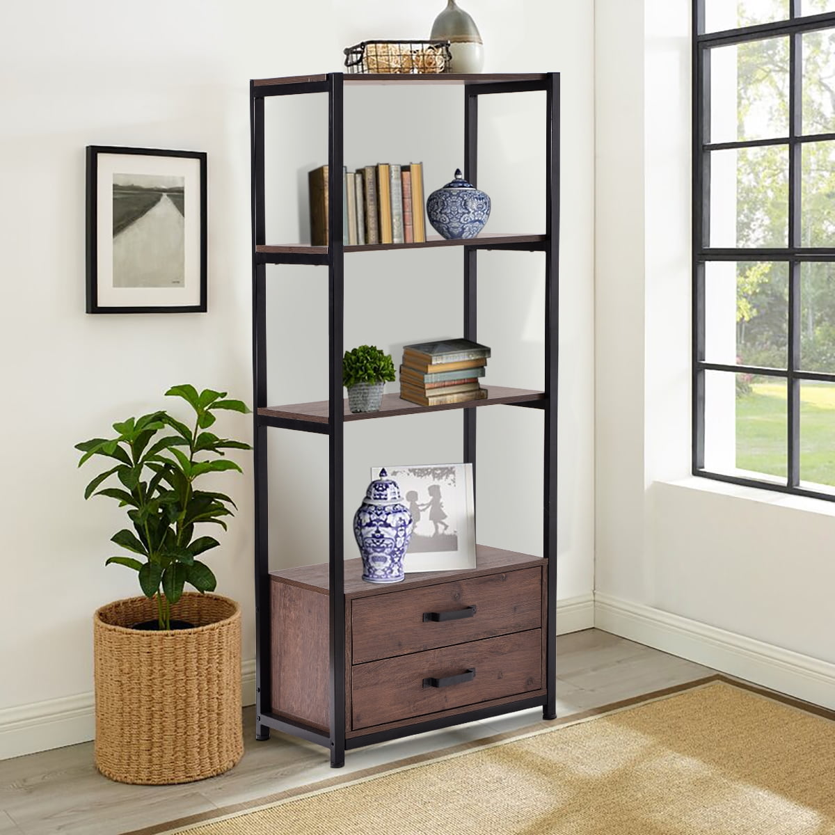4 Tier Industrial Standing Bookshelf, Bookcase With Drawer At Bottom
