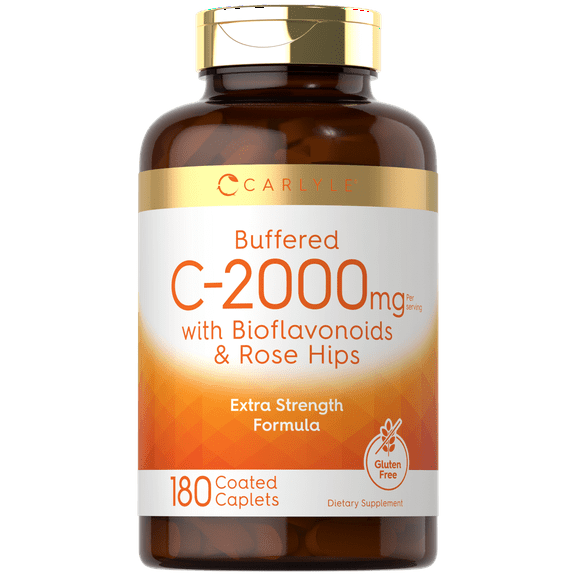 Buffered Vitamin C | 2000mg | 180 Caplets | with Bioflavonoids and Rose Hips | by Carlyle