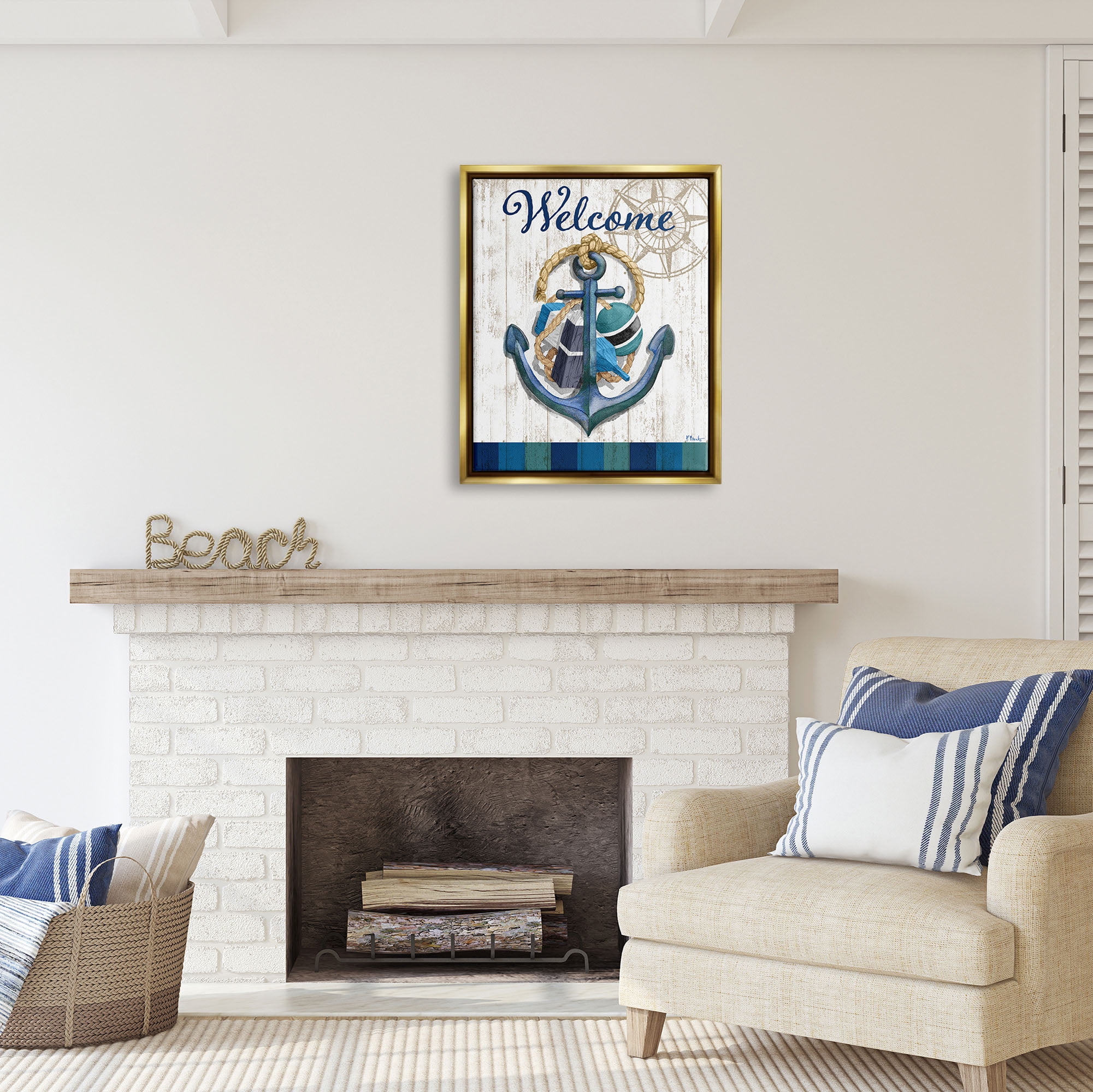 Stupell Industries Welcome Nautical Buoys Nature Painting Gold Floater Framed Art Print Wall Art, 25 x 31