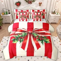 Manfei Rustic Christmas Flower 7pcs Bedding Comforter Set,Retro Bowtie Ribbon Queen Bedding Sets,Happy New Year Queen Sheet Sets For Girls Teens,Ultra Soft Home Decor Reversible