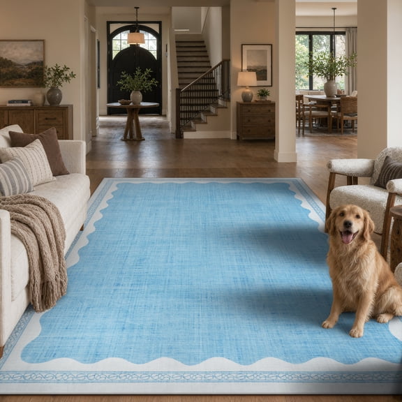 Lahome 8'x10' Modern Minimalism Rug for Living Room ,Scalloped Area Rug 8x10ft ,Non Slip Machine Washable Rugs ,Solid Blue Rug Low Pile Boho Rug for Bedroom Dining Room Office Farmhouse,Blue