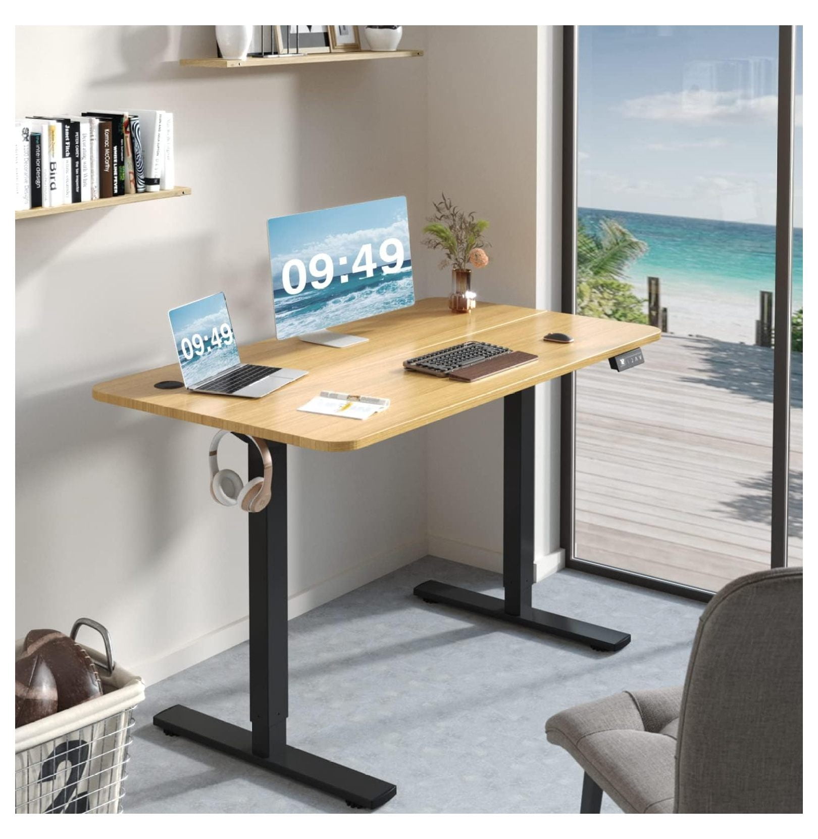 WDZS Electric Height Adjustable Standing Desk Large 48 x 24 Inches Sit Stand up Desk Home Office Computer Desk Memory Preset with T-Shaped Metal Bracket, Maple
