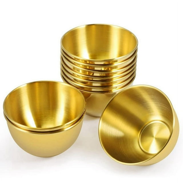 Paquete de 10 platos para salsa de acero inoxidable de 3,3 pulgadas, platillos individuales, cuencos redondos para condimentos, cuencos para mojar sushi, dorados