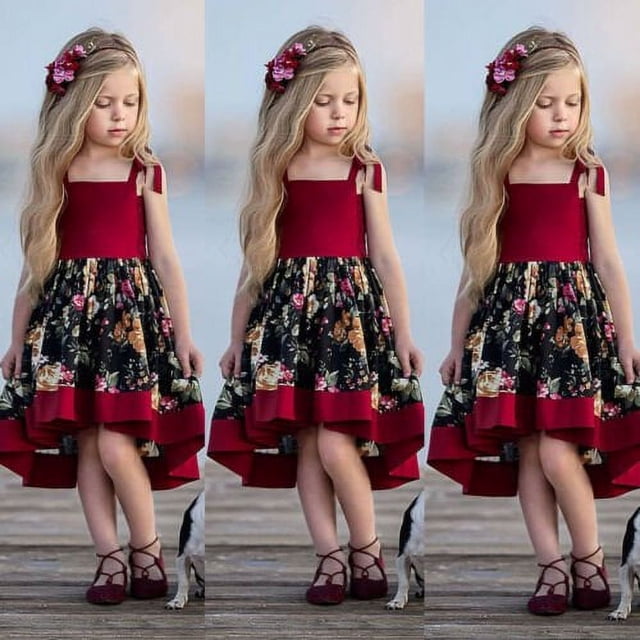 Robe à Bretelles pour Bébé Fille Robe de Fête Princesse Fleurs Robe d'Été Ensemble Rouge