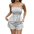 thumbnail image 3 of Dianli Gifts Fashion Women Ruffled Stripe Print Tube Top and Shorts Casual Two Piece Set, Trendy Sleeveless Pullover with Elastic Waist, Stylish Comfy Summer Lounge or Party Outfit Pink M, 3 of 7