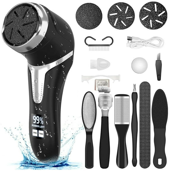 Audessy Electric Foot Callus Remover with Vacuum, Professional Foot File Pedicure Kits, Rechargeable Waterproof Foot Scrubber File for Foot Care with 3 Heads & 2 Speed, LCD Display, Black