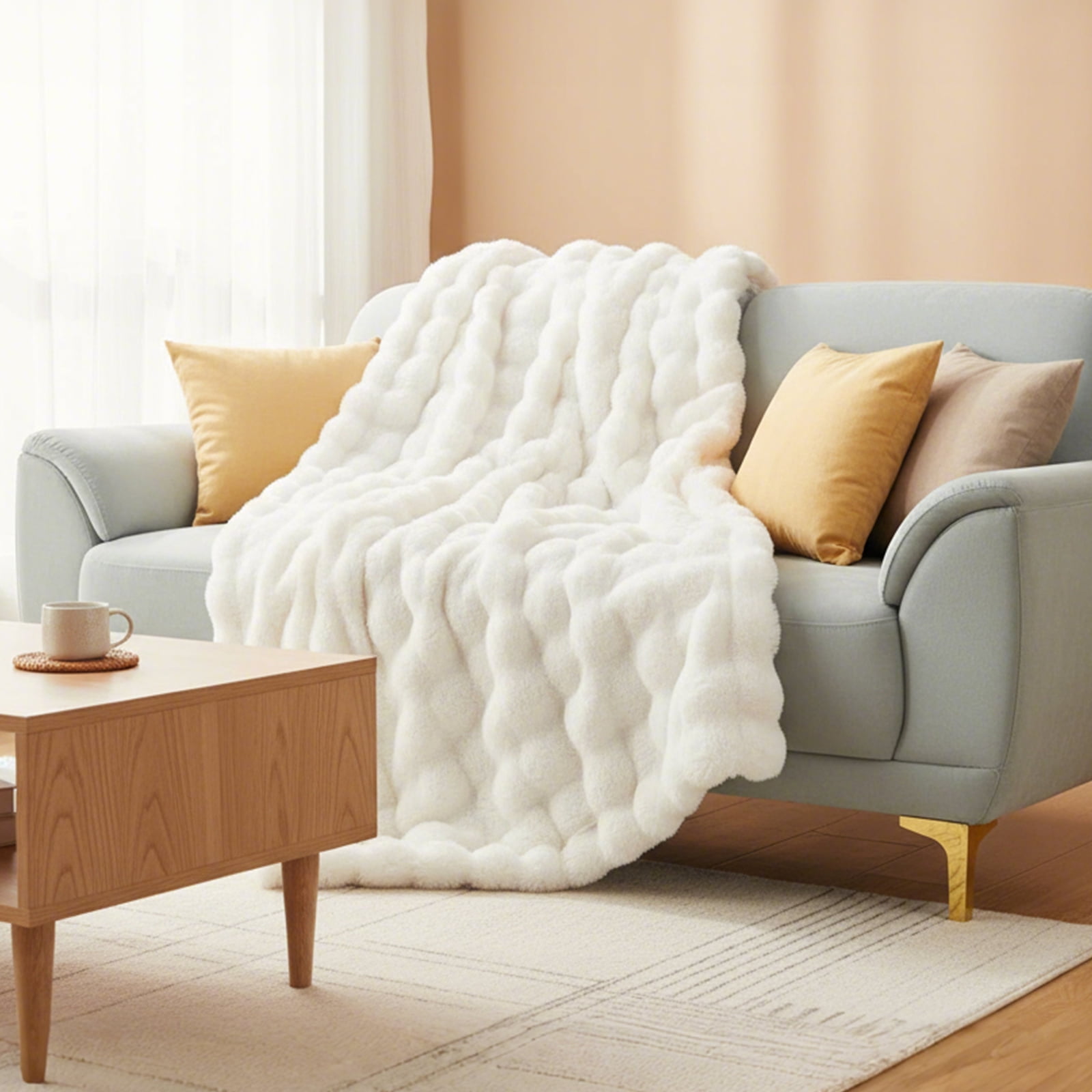 ShellKingdom Faux Fur Throw Blanket, Soft Plush Fluffy Thick Bubble Blanket for Couch Sofa Bedroom Living Room 50 x 60 inches, White