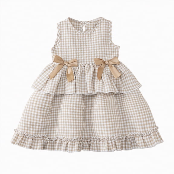 CAICJ98 Toddler Girl Cotton Linen Dress Sleeveless Ruffle Summer Dress Kids Gingham Plaid Dresses Casual Clothes (4-5 Years,Khaki)