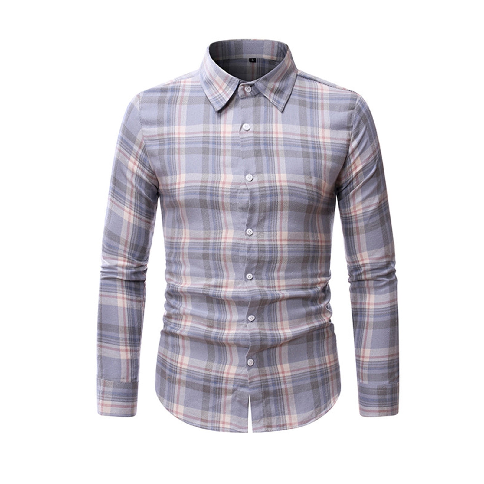 Mfasica Men Long-Sleeve Plaid Turn-Down Collar Blouses and Tops Shirts
