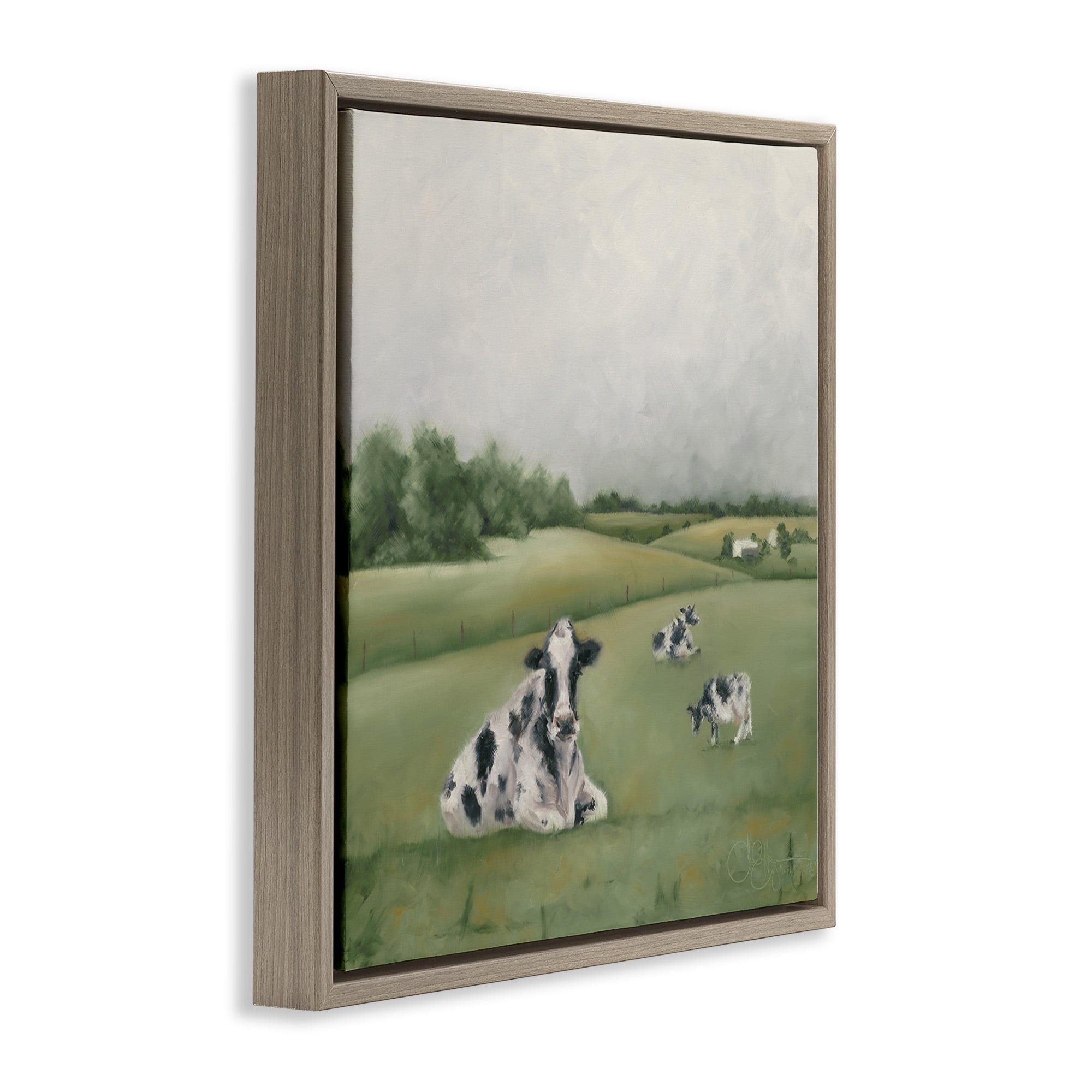 Stupell Industries Dairy Cows Grazing in Green Field Landscape Painting Brown Floater Framed Canvas Art Print Wall Art, 25 x 25
