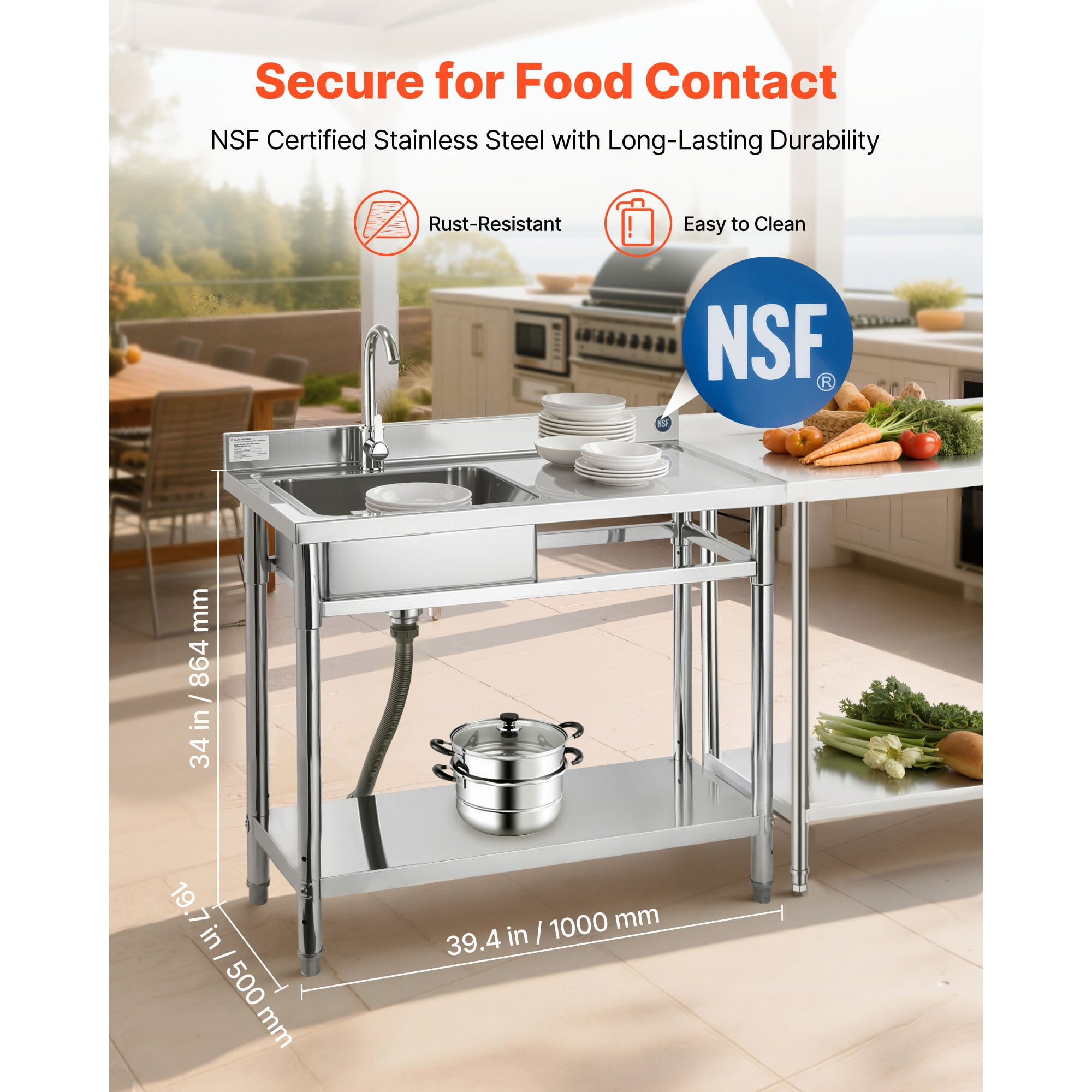 KFFKFF Stainless Steel Utility Sink, Free-Standing Single Bowl Commercial Kitchen Sink, 39.4" x 19.7" x 37", SUS201 Stainless Steel, Black, 1 Unit
