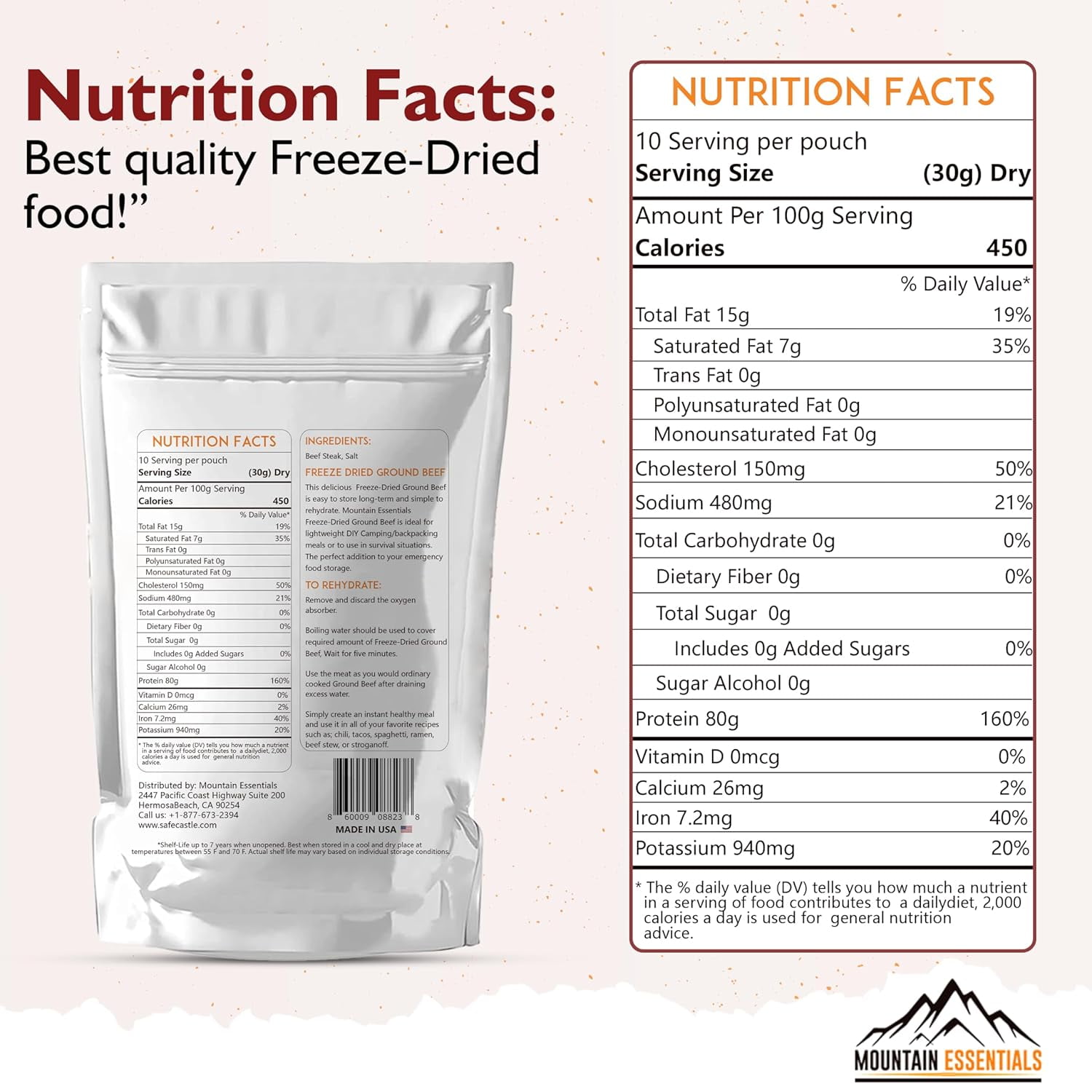 MOUNTAIN ESSENTIALS Freeze Dried Ground Beef Fully Cooked | Ready to Eat | No Water Added | No Preservatives | Survival & Emergency Food For Hunting, Backpacking & Camping Food 10 serving (300g/Pouch)