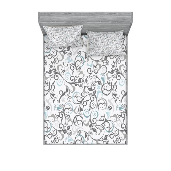 Ambesonne Floral Fitted Sheet & Pillow Sham Set, Damask Antique Curls, Queen, Grey Pale Blue White