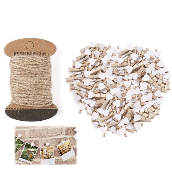 Qianfeng Mini Clothes Pins for Photo, 100 Pcs Natural Wooden Clothespins with Jute Twine for Crafts