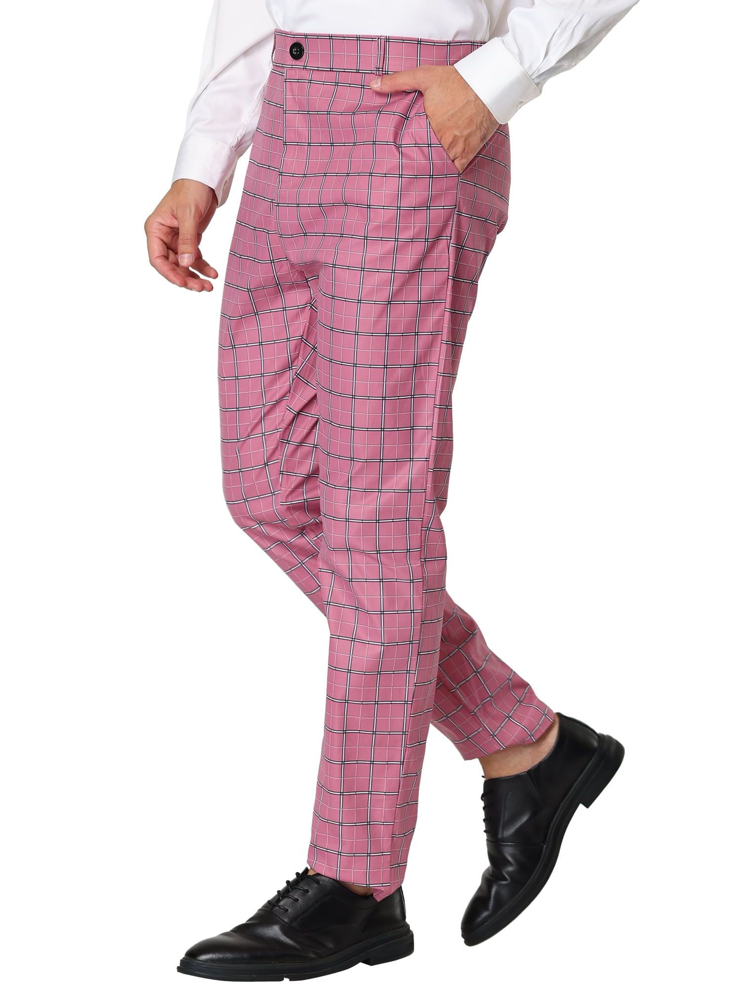 Unique Bargains Men's Business Flat Front Plaid Pants Casual Checked Trousers 30 Pink