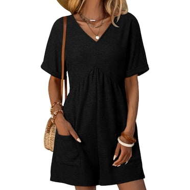 DOKOTOO Womens Rompers One Piece Short Jumpsuit Rompers Solid Color High Waist Short Jumpsuits with Pockets Black L US12-14