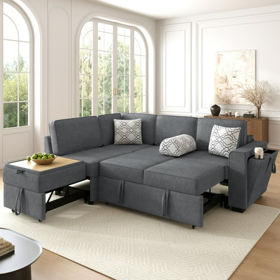 Euroco Convertible Sectional Sofa Bed 83.9" L-Shaped Sofa with Dual Pull-Out Sleepers, Flip-Top Table, USB Ports, Cup Holder & Storage for Living Room, Dark Gray