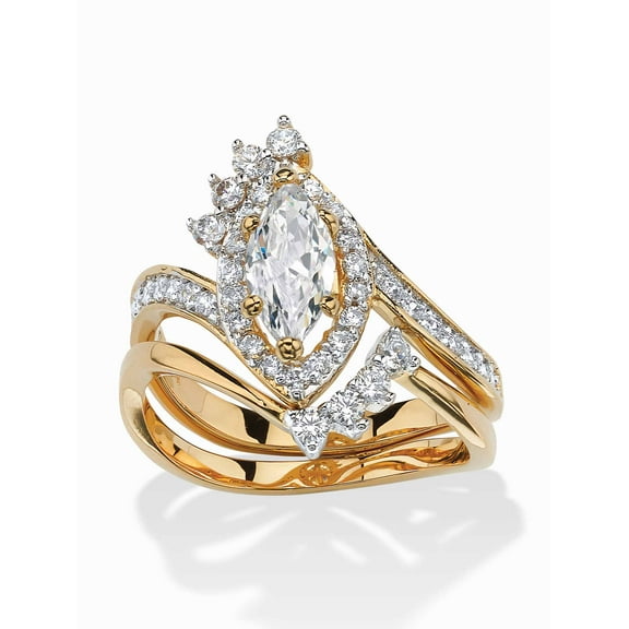PalmBeach Jewelry 1.68 TCW Marquise-Cut Cubic Zirconia Two-Piece Halo Bridal Set Yellow Gold-Plated