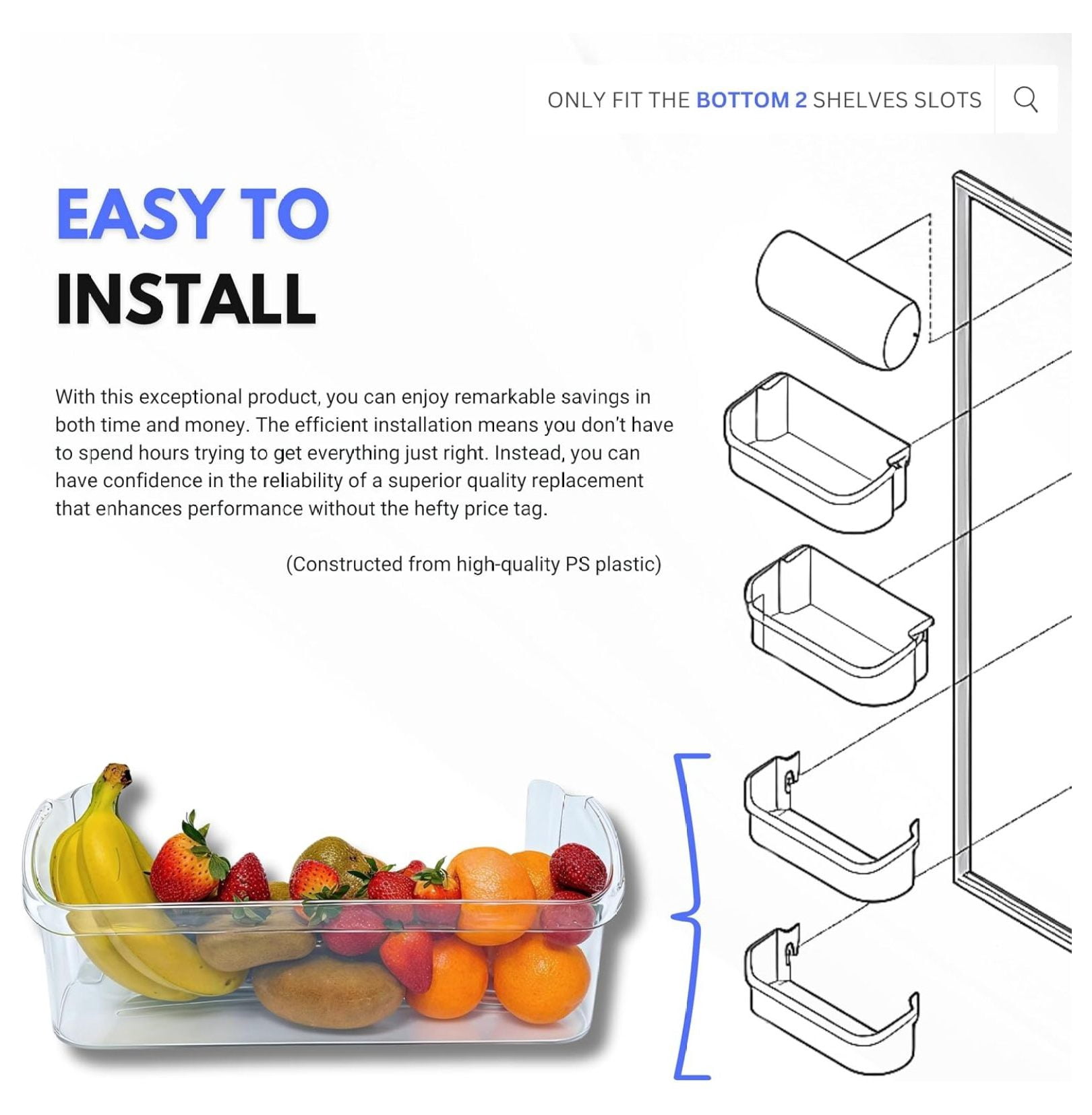 Refrigerator Lower Door Shelf Bin Replacement Part Clear Plastic for Kitchen Fridge Storage Organization Accessory