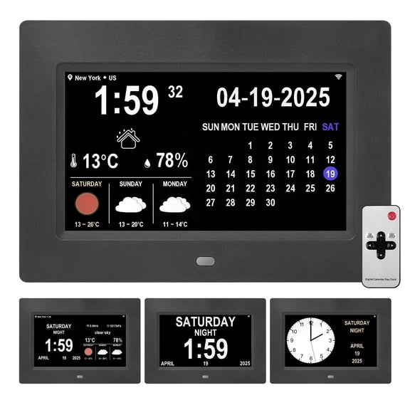 Memwake Large Digital Alarm Clock for 2026 World Cup,Clcok for Alzheimers with Day and Date ,Wi-Fi Clock with Temperature and Humidity/Weather Forecast,Multiple Display Modes,7-inch WI-FI Black
