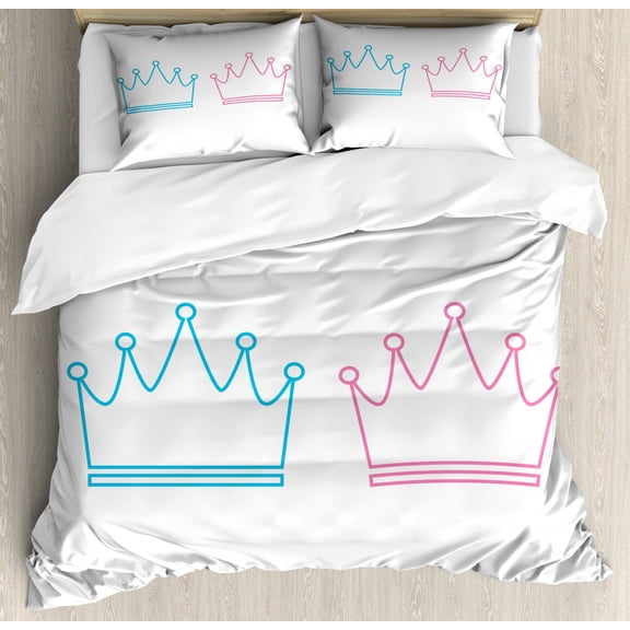 Gender Reveal Duvet Cover Set King Size, Simplistic Crown Icons Baby Twins Boy and Girl Colors Prince Princess, Decorative 3 Piece Bedding Set with 2 Pillow Shams, Sky Blue and Pink, by Ambesonne