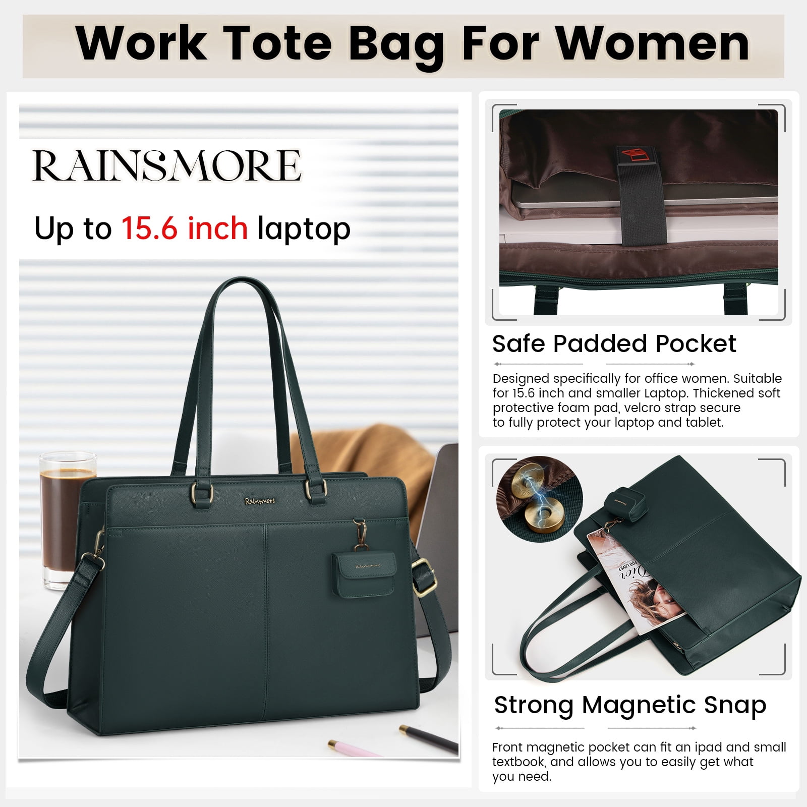 RAINSMORE Laptop Bag for Women 15.8 inch Laptop Tote Briefcase Waterproof Leather Computer Bag Work Tote Bags,Dark Green