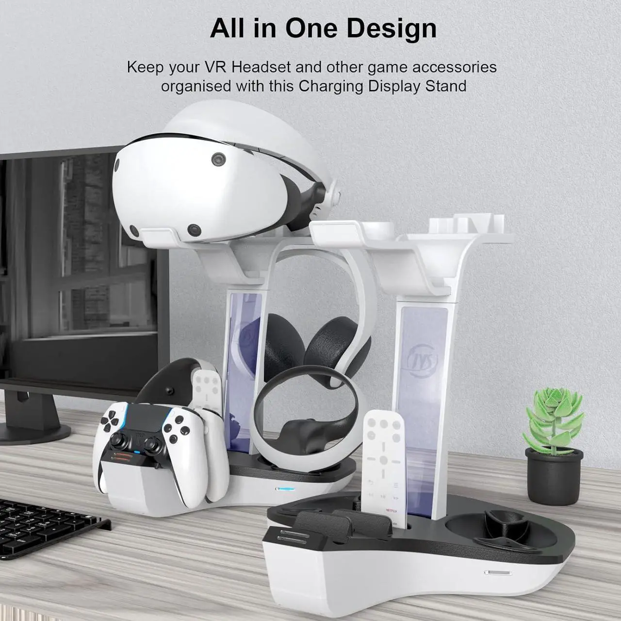 4-in-1 Controller Charging Station for PSVR2 and PS5, Dual Charging Dock with VR Headset Display Holder and Headphone Rack, LED Indicator, Charging Cable, RGB Lights, 3 Magnetic Connector
