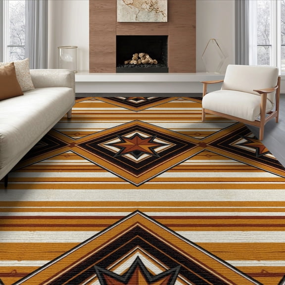 ODIKA 8'x10' Washable Area Rug Southwestern Stripe Spotted Boho Border Farmhouse Motif Refined Structured for Dining Room, Large Office, Lounge, Non-Slip Chair-Friendly Mat