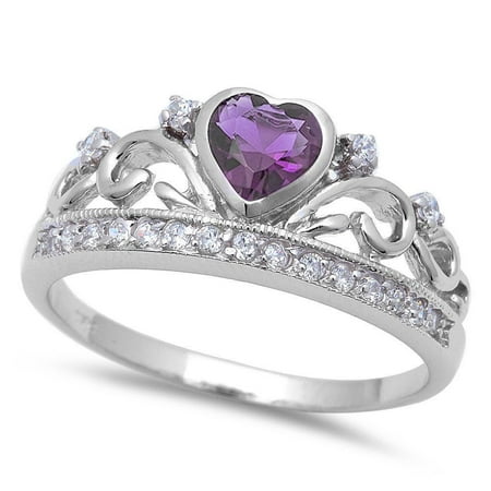 - Sterling Silver Simulated Amethyst CZ Heart Filigree Crown Ring Size 11