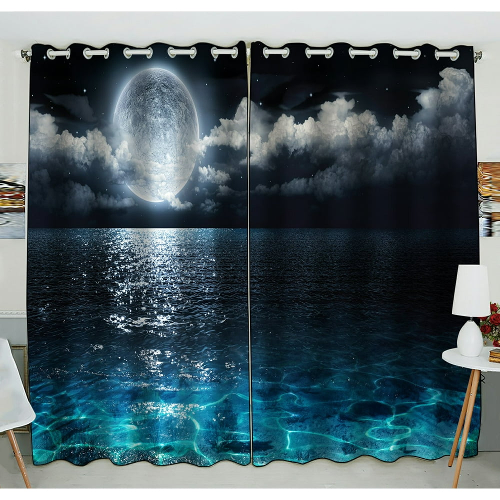 PHFZK Ocean Landscape Window Curtain, Romantic Panorama with Full Moon ...