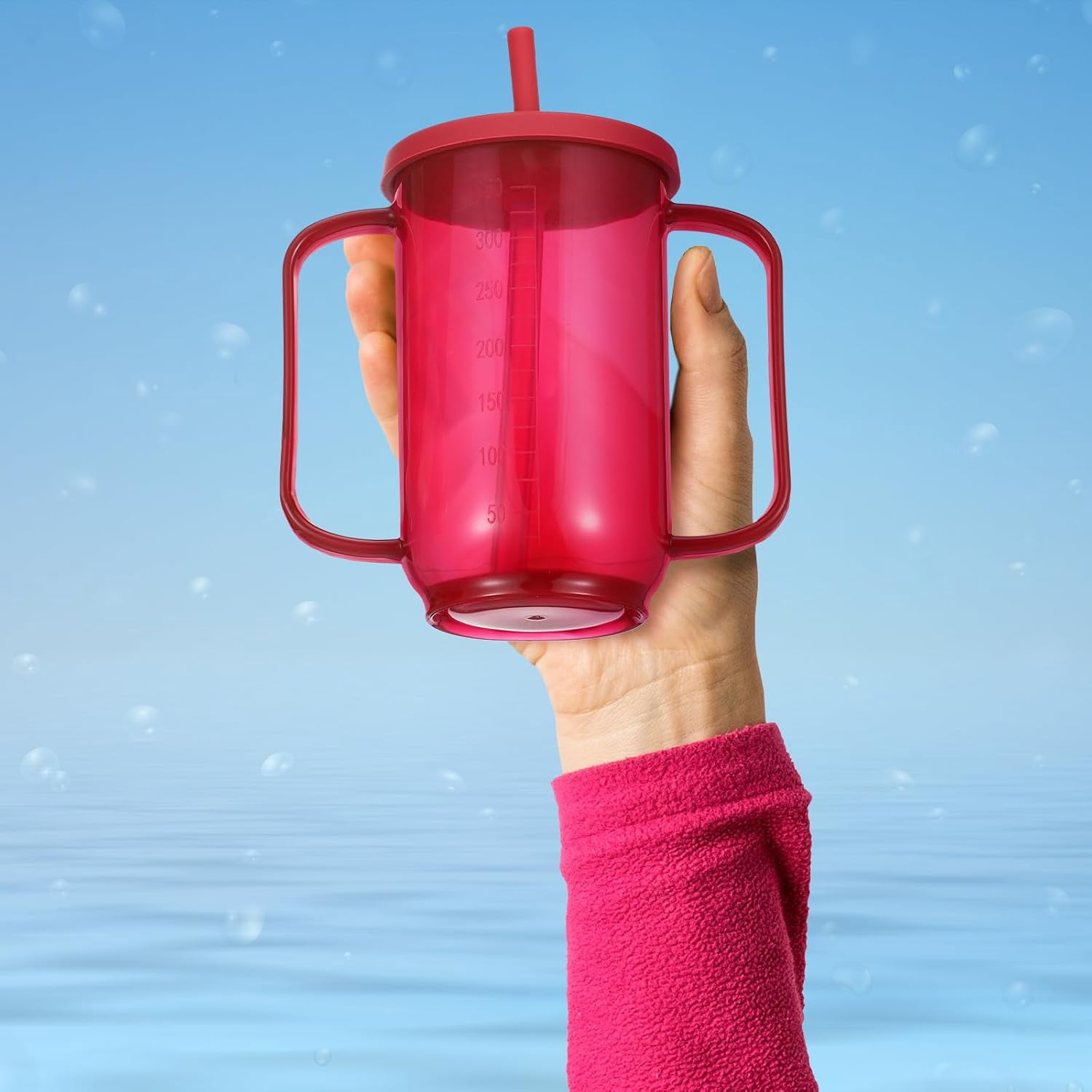 ABPETE Adult Sippy Cups for Elderly 12 oz Straw Sippy Cups with 2 Handles No Spill for Adults Spill Proof Dysphagia Cup for Disabled Patients(Red)