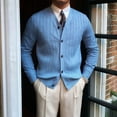 thumbnail image 5 of ZCFZJW Men's Knitted Ribbed V Neck Sweater Cardigan Fashion Fall Lightweight Button Up Regular Fit Sweater Ribbed Long Sleeve Casual Sweaters Blue XXL, 5 of 5
