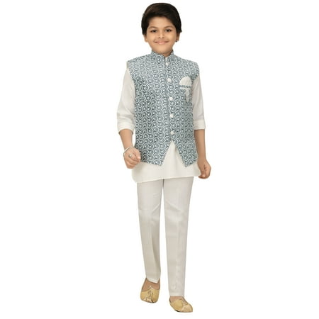 

Ahhaaaa Kids Ethnic Chikankari Embroidery Waistcoat Kurta and Pajama Set For Boys