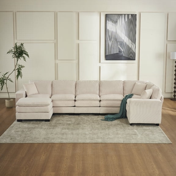 Modern Corduroy 6-seat U Shaped Sectional Sofa with Ottoman and Toss Pillows, for Living Room