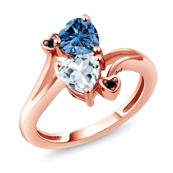 Gem Stone King 18K Rose Gold Plated Silver Persian Blue Moissanite Sky Blue Aquamarine and Black Diamond Ring for Women (1.56 Cttw, Heart Shape 6MM, Gemstone Birthstone, Size 6)