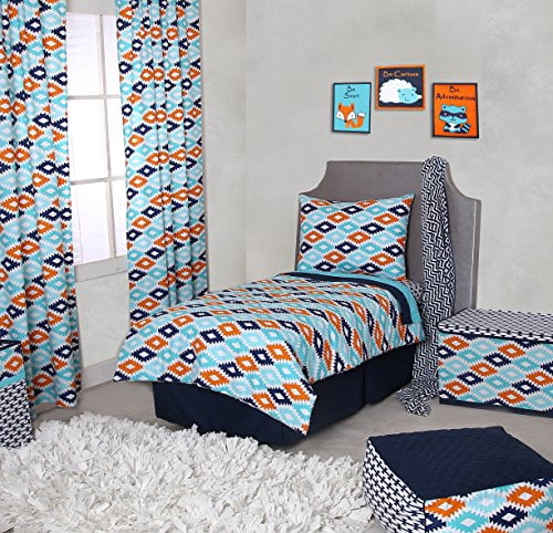 Bacati - Liam Aztec Kilim Aqua/Orange/Navy Tailored with 100% Cotton Percale 13 inch drop Crib/Toddler Bed Skirt