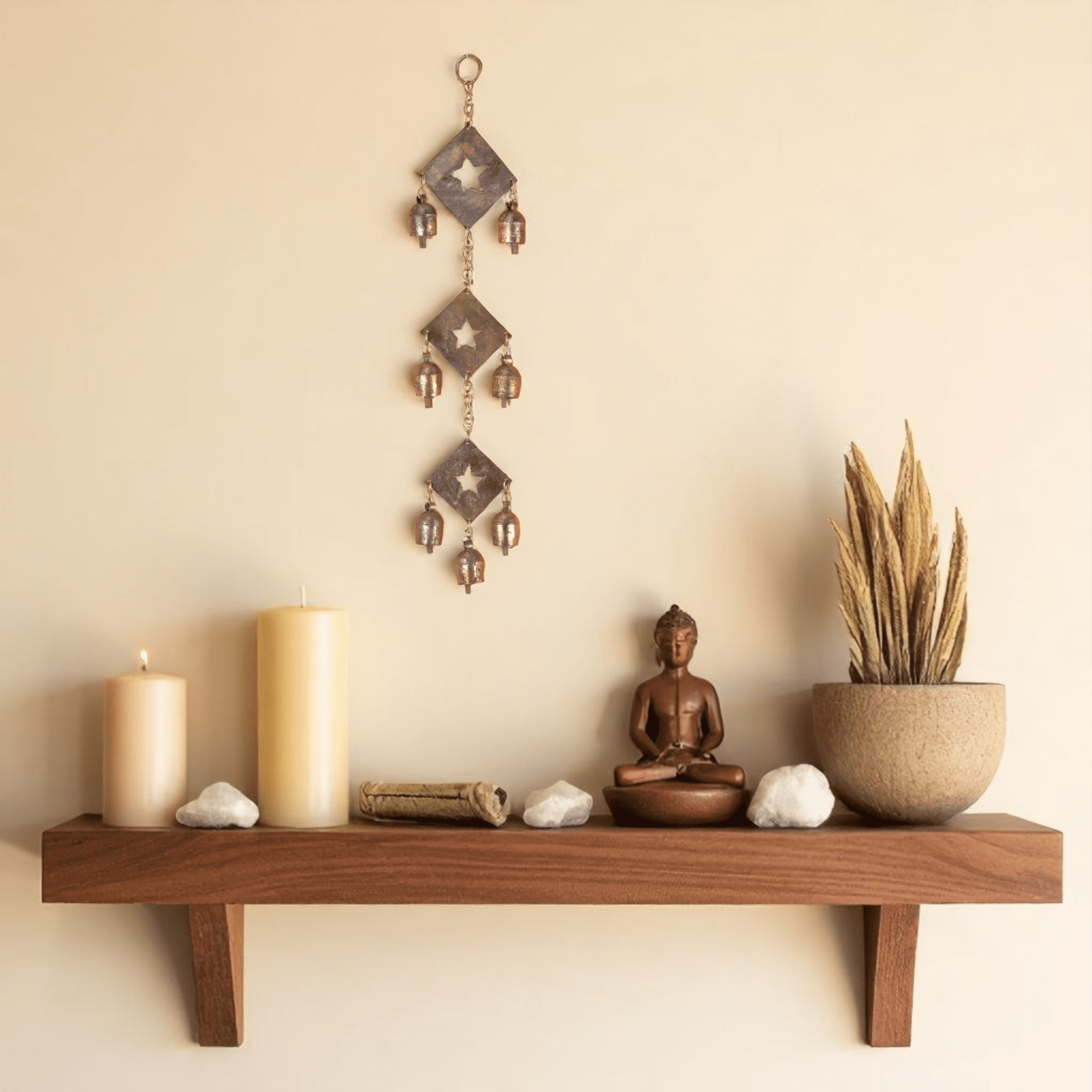 Vivanta Rustic Metal Wind Chime – Triple Diamond Star Cutouts with Bells – Bronze Outdoor Garden Decor – Wind Chimes for Outside, Porch, Yard, Balcony, Memorial or Garden Gift 19 x 4.5 Inch