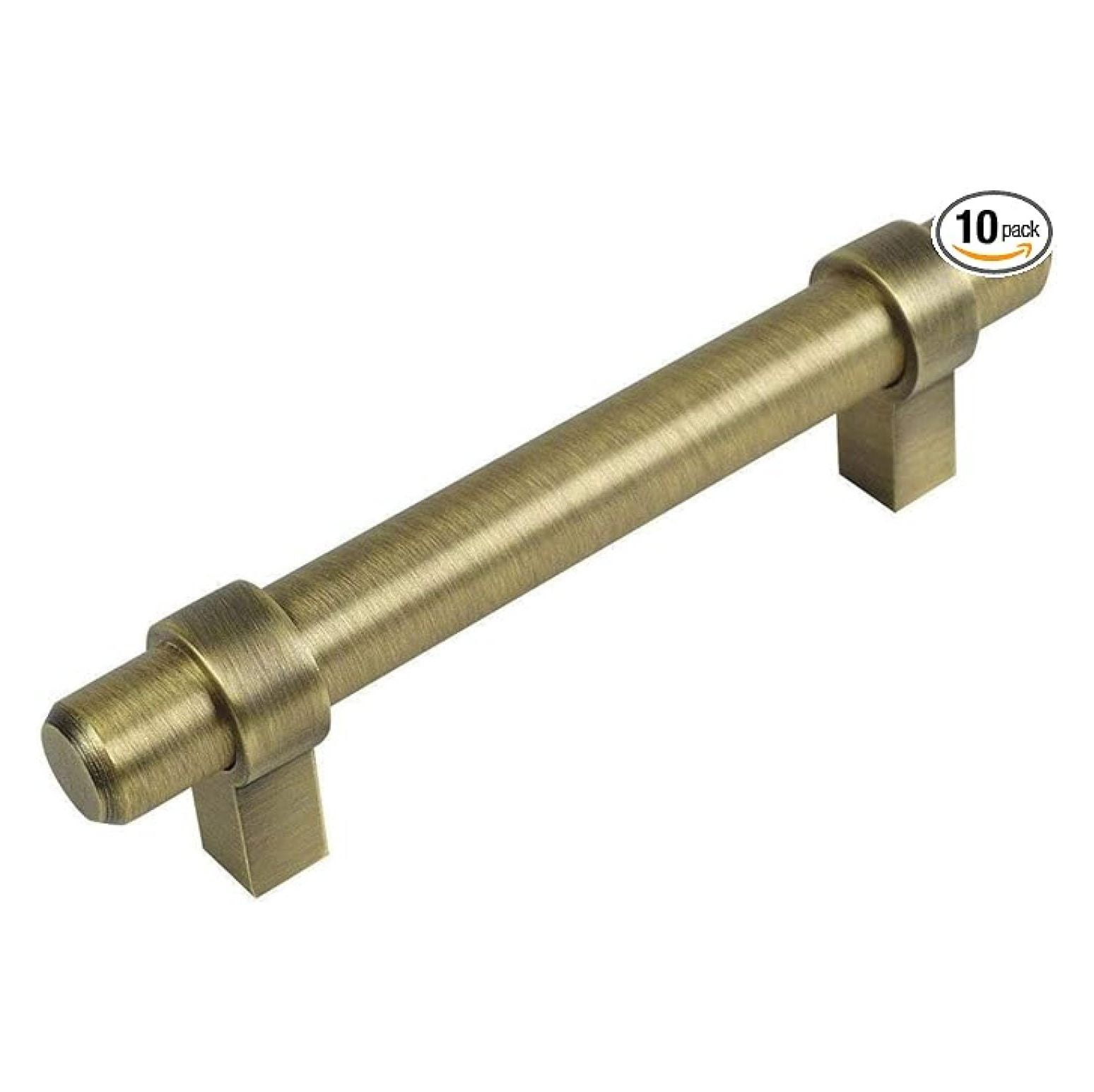 Cabinet Pulls 10 Pack - Brushed Antique Brass Bar Handles 3-3/4 Inch Hole Centers - Kitchen Bathroom Drawer Pulls 96mm - Solid Steel Cabinet Hardware